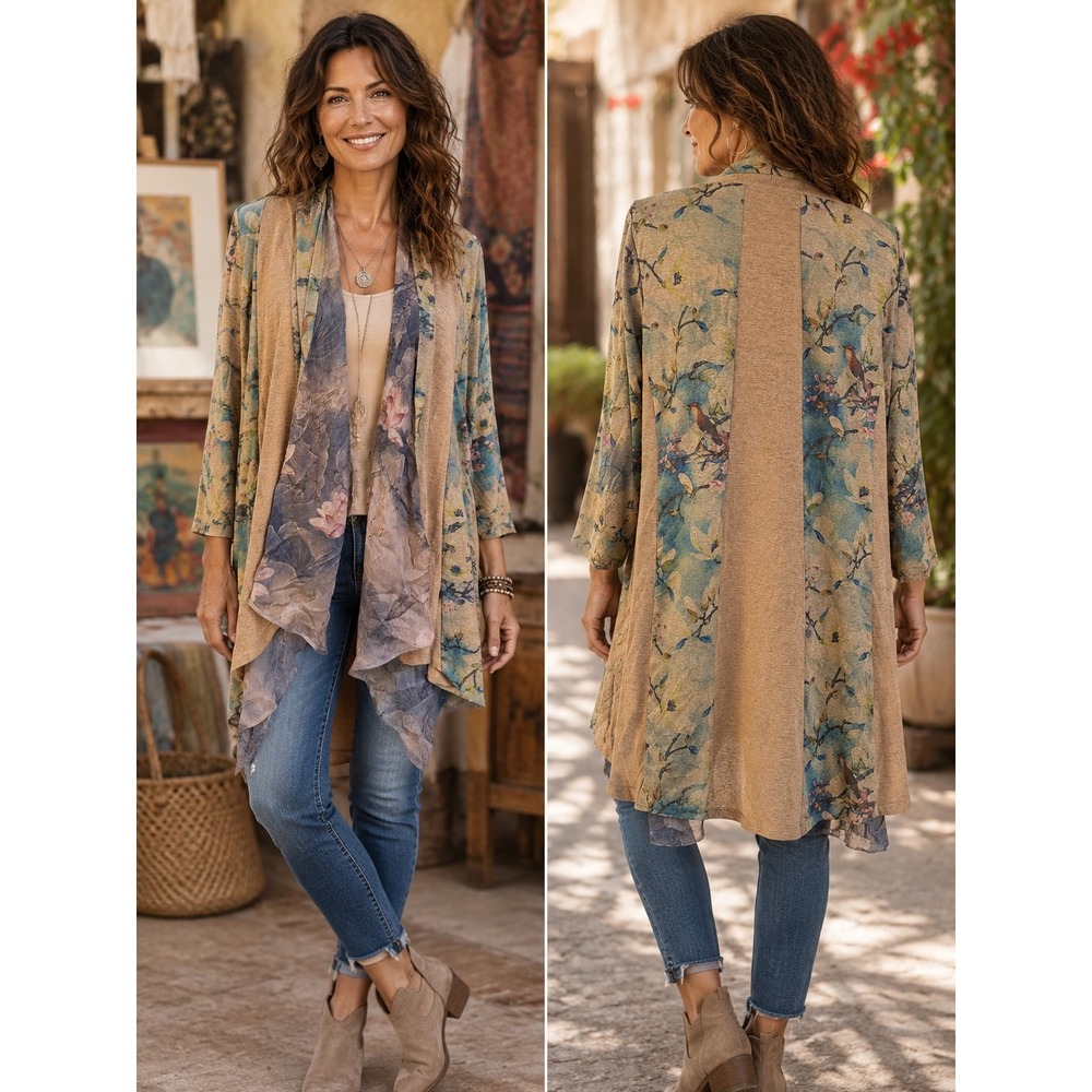 Soft Surroundings Tea Gardens Topper Floral Bird Chiffon Open Cardigan Large